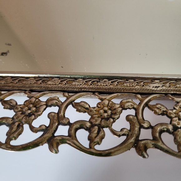 Vintage Ornate Openwork Brass Tone Metal Mirrored Vanity Tray - Picture 4 of 16